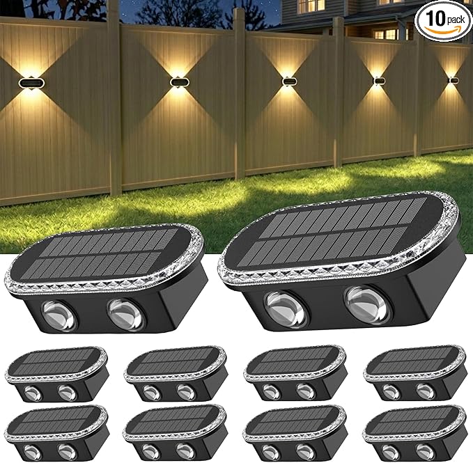 Ellasay Solar Fence Lights Outdoor: Waterproof IP65 with Dual LED Up Down Wall Lighting 3 Color Modes Diamond Crystal Cut Design Easy to Install for Garden Backyard Patio 10 Pack