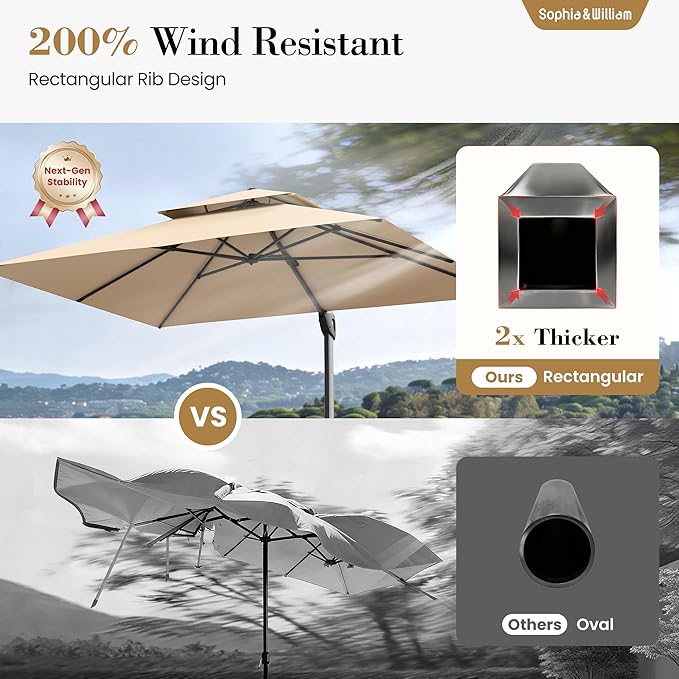Sophia & William Cantilever Patio Umbrella 12ft, Offset Large Outdoor Umbrellas with 360°Rotation, Heavy Duty Hydraulic Double Umbrella for Garden Pool Backyard, Beige (no base)