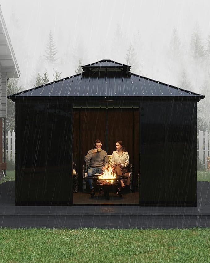 12x12 ft Hardtop Gazebo Sunroom, All-Season Outdoor Room with Aluminum Frame, Enclosed Patio Solarium with Polycarbonate Sliding Doors & Double Roof for Backyard, Deck, and Hot Tub Enclosure