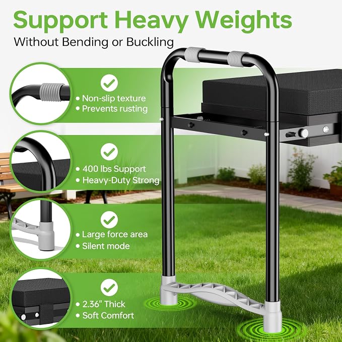 Garden Kneeler and Seat, Foldable Ergonomic Kneeling Bench with Tool Pouch 400 Lbs (Black)