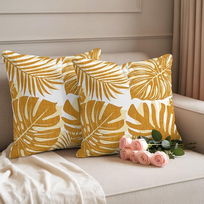 Vintage Yellow Palm Leaves Outdoor Pillow Covers 20"x20" Set of 2, Tropical Botanical Minimalist Modern Waterproof Throw Pillow Covers for Patio Furniture, Decorative Cushion Covers for Porch
