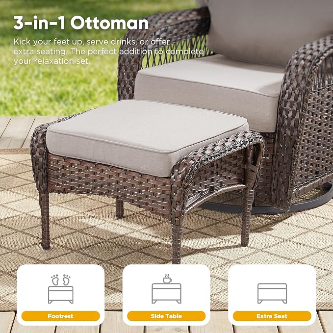 Belord Luxury Outdoor High Back Couch with Ottoman, All-Weather Wicker 3-Seater Sofa, 3 Piece Patio Conversation Furniture Set,Beige