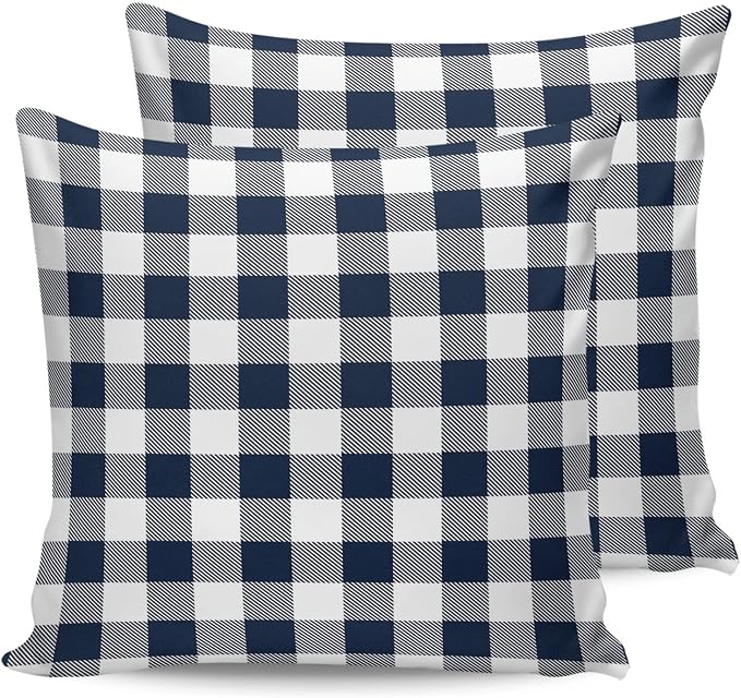 Outdoor Waterproof Throw Pillow Covers Set of 2 Buffalo Plaid Dark Blue Check Pillowcases 24x24 Inches Farmhouse Style Patio Decorative Pillows Cushion Case Patio Pillows for Couch Bed Chair Garden