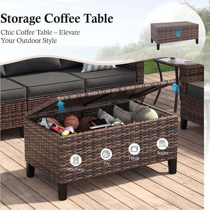 Amopatio Patio Furniture Set, Wicker Outdoor Sectional Sofa with Swivel Rocker Chairs, All-Weather Rattan Conversation Set, Storage Coffee Table, Waterproof Cover for Backyard, Deck Brown/Grey 5 PCS