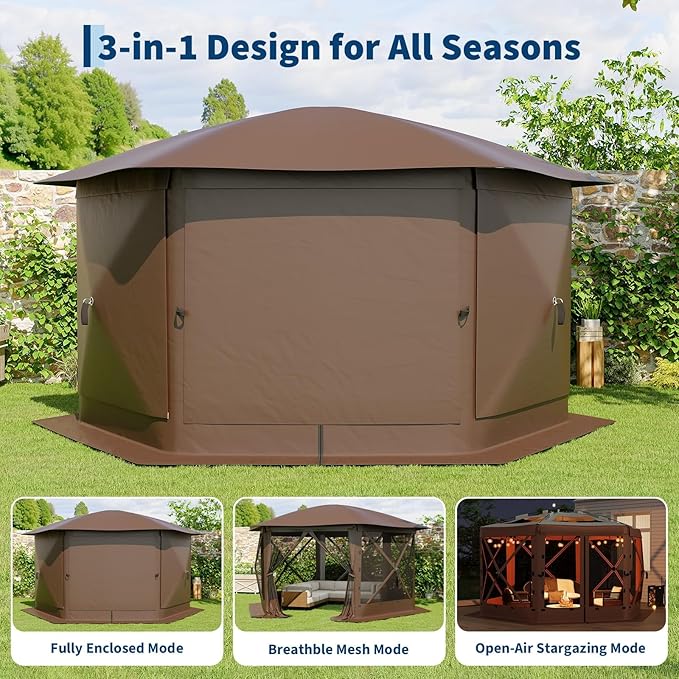 GarveeLife 13x13FT 6-Sided Pop Up Canopy Tent，One-Push Setup Canopy Tent with Removable Canopy Top & Wind Cloths, Outdoor shelter for Camping, Backyard Parties, Outdoor Events - Beige & Khaki