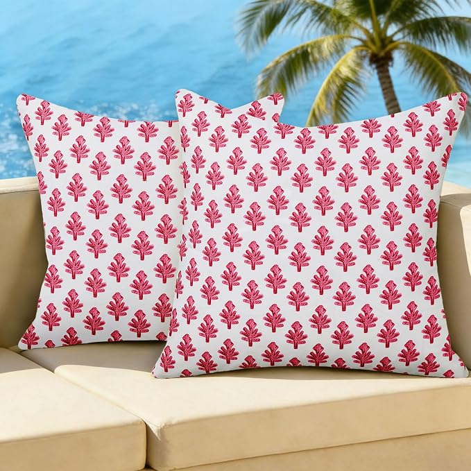Outdoor Pillow Covers 18x18 Set of 2 Boho Hot Pink Floral Accent Print Decorative Throw Pillow Cases for Outdoor Waterproof Patio Furniture Garden Porch Sofa Bed Cushion Covers Home Decor JB005-F18