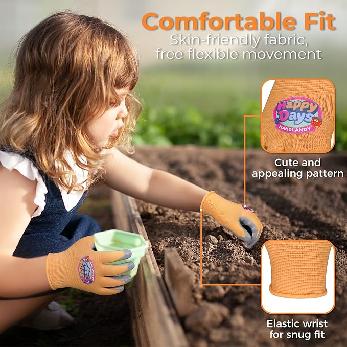 HANDLANDY 2 Pairs Kids Gardening Gloves, Grippy Kids Work Gloves, L | Foam Nitrile Coated Children Toddler Garden Yard Work Cycling Outdoor Playing Gloves for Girls Boys
