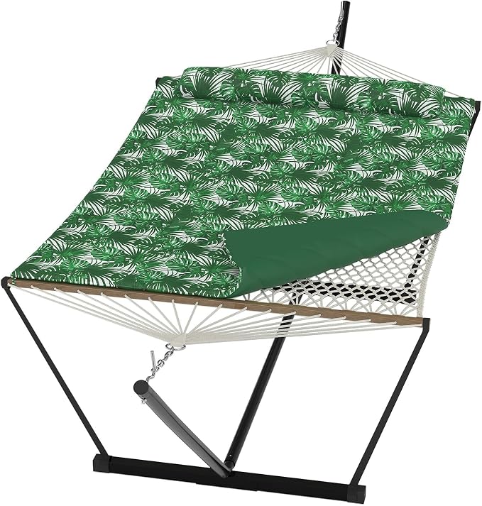 Heavy Duty Double Hammock with Stand & Soft Pillow, 450 LBS Capacity - Padded Portable Hammock for Indoor Outdoor Patio Backyard Garden