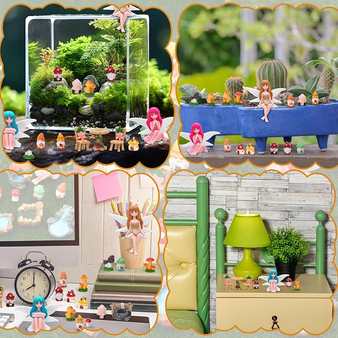 29Pcs Fairy Garden Accessories, Miniature Garden Ornaments Landscape Decorations Mini Fairy Figures Gnome Figure Animal Plant Furniture Set for DIY Terrarium Potted Plants Dollhouse Desk Decor