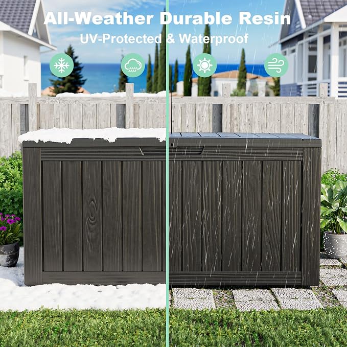 85 Gallon Waterproof Outdoor Storage Box,Deck Boxs for Outdoor and Indoor Use,Deck Storage Box for Picnic Supplies,Gardening Tools,Lockable and Easy to Install(Black)