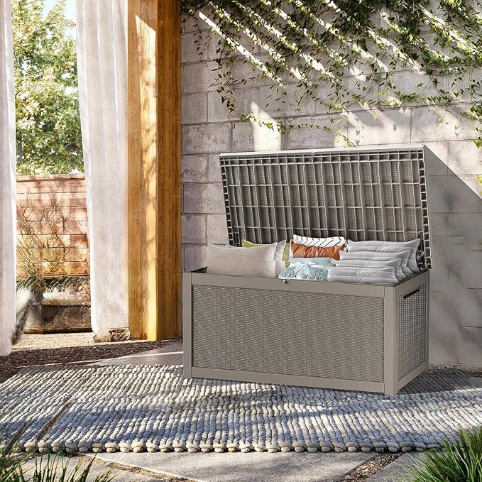 320 Gallon Outdoor Storage Box Waterproof, Lockable Resin Deck Box Large Storage Bin for Patio Furniture Cushion, Garden Tools, Pool Accessories, UV-Resistant Outside, Gray
