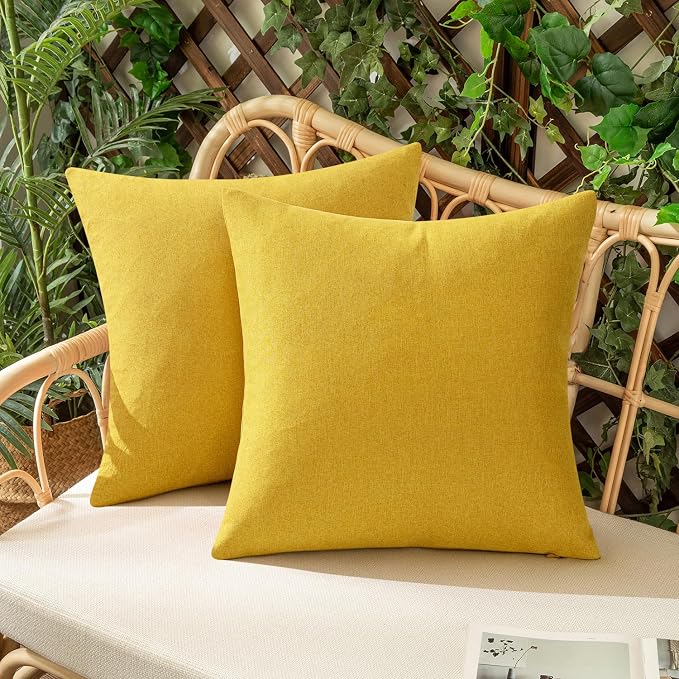 Outdoor Throw Pillow Covers Mustard Yellow 20x20 Set of 2 | Waterproof Decorative Farmhouse Linen Pillowcases Solid Cushion Cases for Patio Tent Balcony Couch Sofa Living Room
