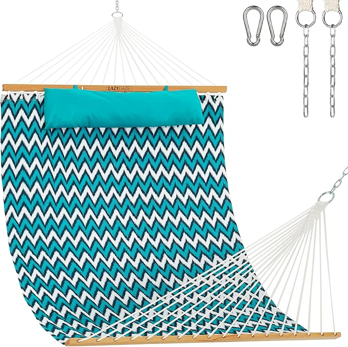 Lazy Daze Hammocks 12 FT Quilted Fabric Double Hammock with Spreader Bars and Detachable Pillow, 2 Person Hammock for Outdoor Patio Backyard Poolside, 450 LBS Weight Capacity, White & Blue Chevron