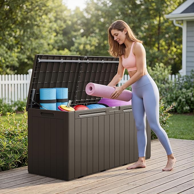 Greesum 110 Gallon Outdoor Storage Box with Lockable Lid, All-Weather Solution for Patio Furniture, Pool Supplies & Garden Tools, Waterproof, UV-Resistant Large Deck Box, Brown
