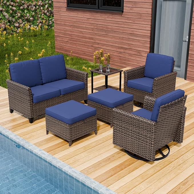 COOS BAY Harbor Retreat 6 Piece Outdoor Furniture Set, Patio Conversation Set with Swivel Rocking Chairs, 2 Seat Loveseat, Side Table and Ottomans, Wicker Furniture, Brown/Blue