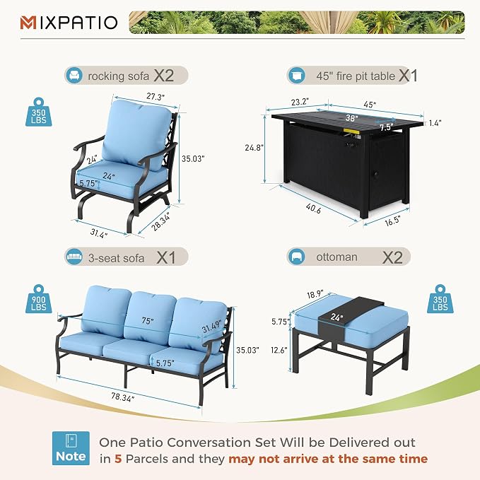 MIXPATIO Patio Furniture Set, 6 Pcs Metal Outdoor Conversation Set, 2 Rocker Chairs, 2 Ottomans and 3 Seater Sofa with 5.75" Extra Thick Cushion and Gas Fire Pit Table, Blue