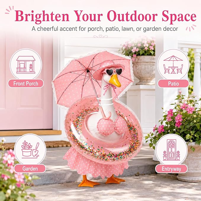 Summer Porch Goose Outfits 23 Inch, Pink Polka Dot Porch Goose Bikini Set with Parasol Umbrella, Swim Ring, Sun Hat and Heart Sunglasses, Porch Goose Accessories for Yard Garden Patio Decor