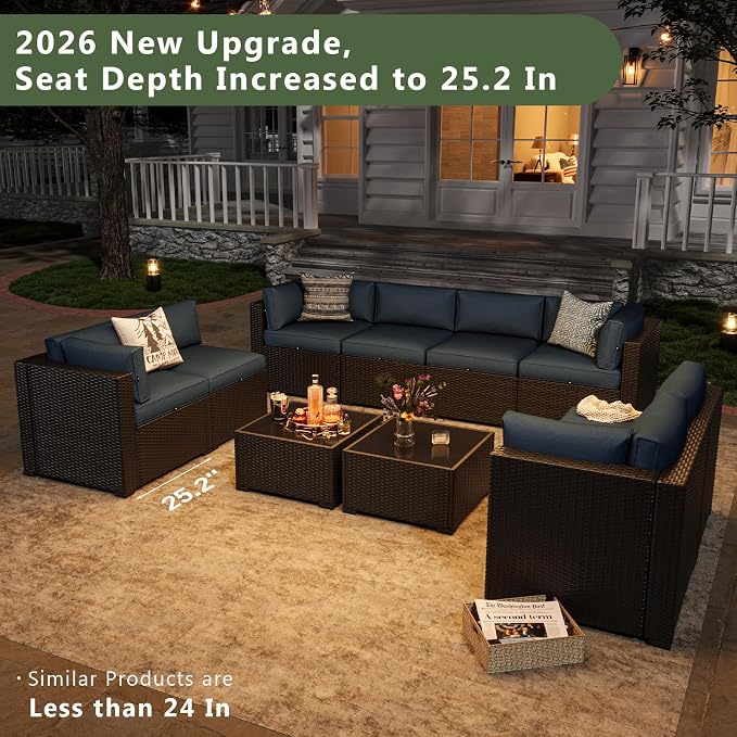 Aoxun 10 Piece Patio Furniture Set Wicker Rattan Patio Sectional Sofa Set Outdoor Seating Furniture with Thickened Cushion, Navy Blue