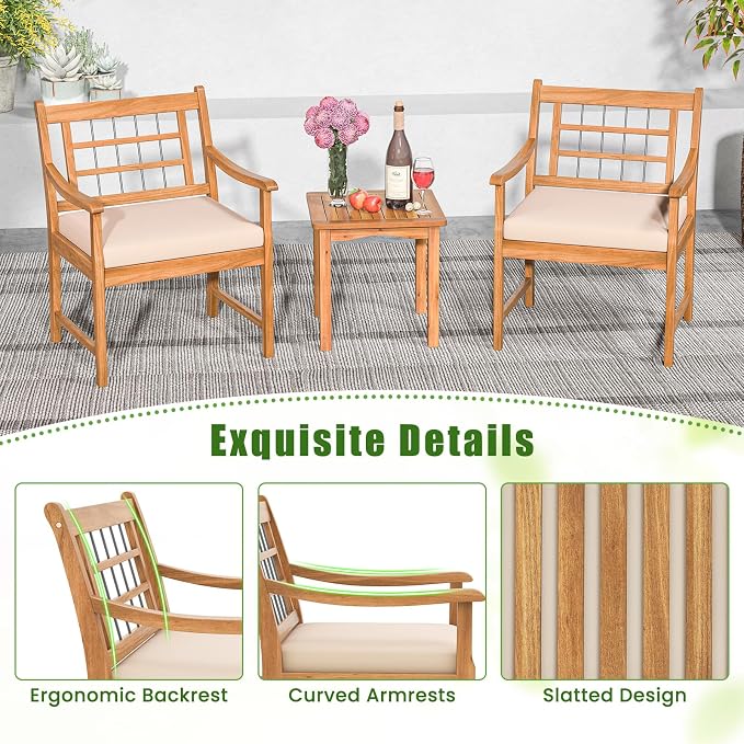 HAPPYGRILL 3 Piece Acacia Wood Patio Conversation Set, Outdoor Bistro Set with Cushions, Solid Wood Frame, 2 Armchairs & Coffee Table Set for Backyard, Porch, Poolside (Off White)