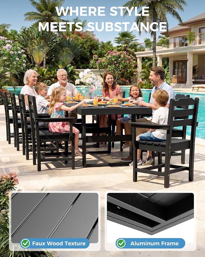 K Knowbody 12-Piece Outdoor Patio Dining Table and Chairs Set, Seats 10 | Steel-Reinforced HDPE, 100 lb/sq ft Load Capacity, 2-Inch Umbrella-Ready Tables, All-Weather, Fade-Resistant, Charcoal Black
