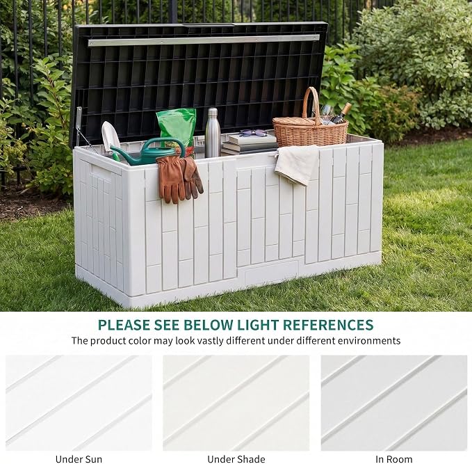 YITAHOME 120 Gallon Outdoor Storage Deck Box, Large Resin Patio Storage with Slide-Locking Black Lid, 2-Person Bench Seat for Outdoor Pillows, Garden Tools & Pool-Supplies, Waterproof, Grayish-White