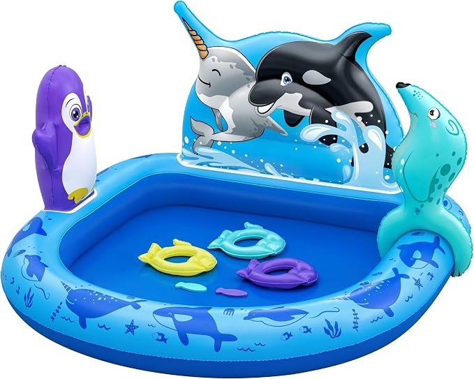H2OGO! Polar Pals Inflatable Water Play Center, 53" x 51.5" x 28.5" Kids Outdoor Activity Center with Ring Toss Games, & Splash Pool