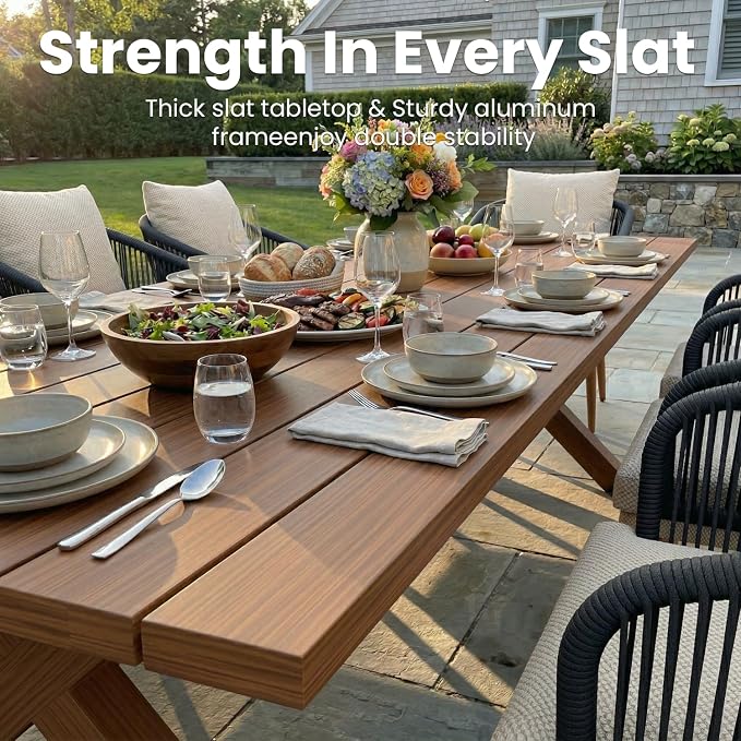 11-Piece Patio Dining Table Sets, Woven Wicker Dining Set with Rectangular Aluminum Table and Dining Chairs Modern Outdoor Dining Furniture Set for Outdoors and Indoors