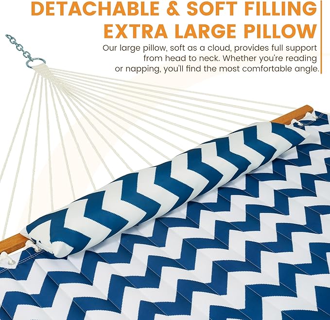 Lazy Daze Hammocks 12FT Quilted Fabric Double Hammock with Spreader Bars and Detachable Pillow, 2 Person Hammock for Outdoor Patio Backyard Poolside, 450 LBS Weight Capacity, Blue Chevron Stripe