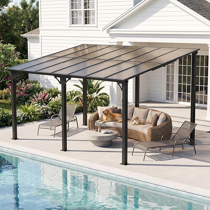 ALAULM 10'x 14' Outdoor Hardtop Pergola,Wall Mounted Lean to Gazebo with Sloped Sun Panel Roof,Galvanized Metal Frame,Sunshade for Patio, Backyard, Deck and Poolside
