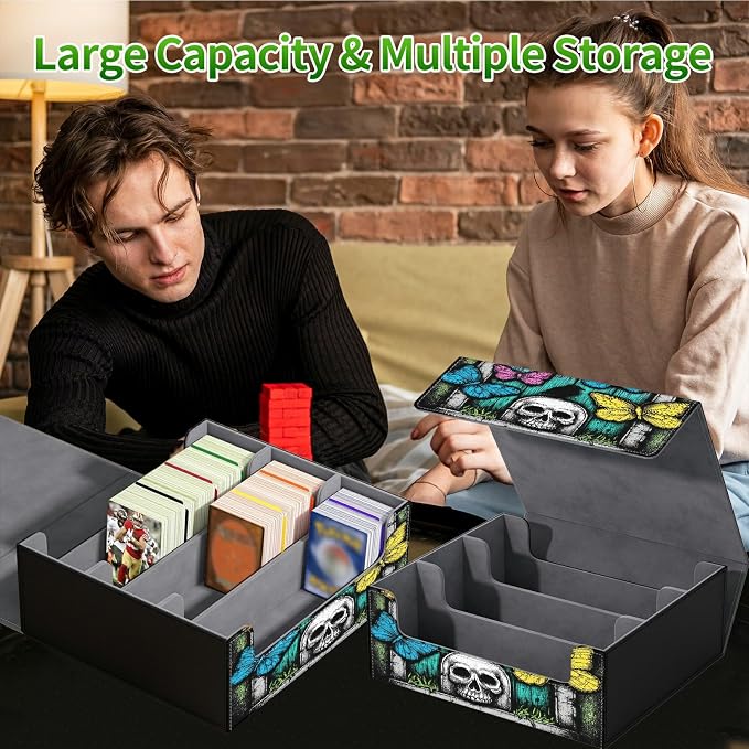 Large Card Deck Box for MTG, Fits 1200+ Sleeved Cards, PU Leather Storage Case with Strong Magnetic Closure, Multiple Colors for TCG CCG Baseball Card Collections, Woodgrain Butterfly