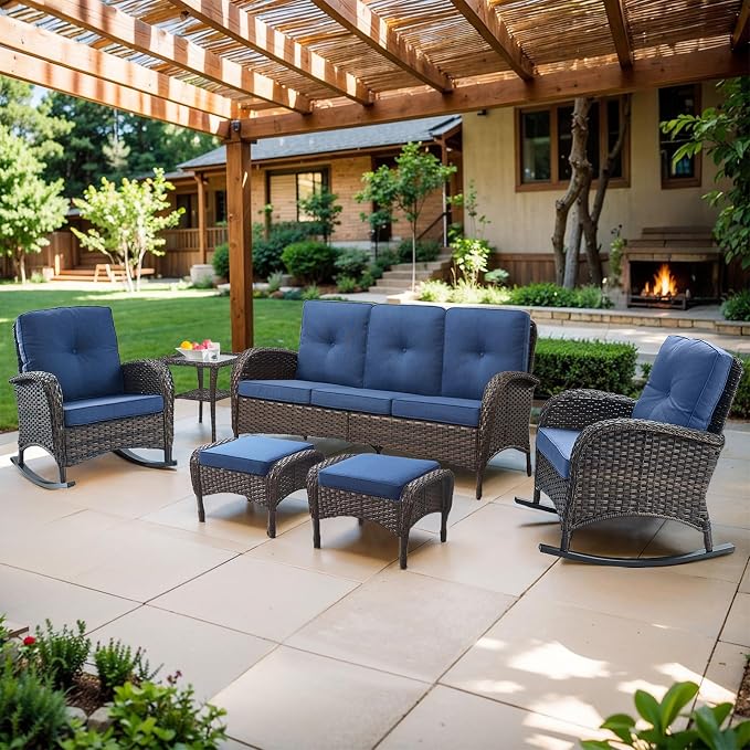 Belord Patio Rocking Chairs Furniture Set of 6, Outdoor Wicker Furniture Sets with Wicker Rocker, Small Patio Conversation Sets with Outdoor Couch Ottomans Brown/Blue