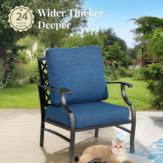 MIXPATIO Patio Furniture Set, 4 Pcs Metal Outdoor Conversation Set, 2 Single Chairs and 3 Seater Sofa with 5.75" Extra Thick Cushion and Gas Fire Pit Table for Backyard Deck, Gemstone Blue
