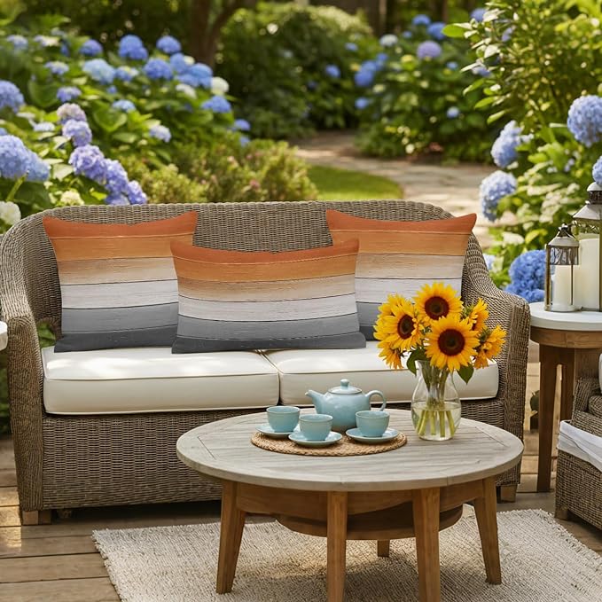 Orange Gray Outdoor Pillow Covers 18x18 Inch Throw Pillow Covers Set of 2 Waterproof Decorative Pillow Cases Farmhouse Retro Gradient Wooden Grain Cushion Covers for Patio Furniture Garden Couch Sofa