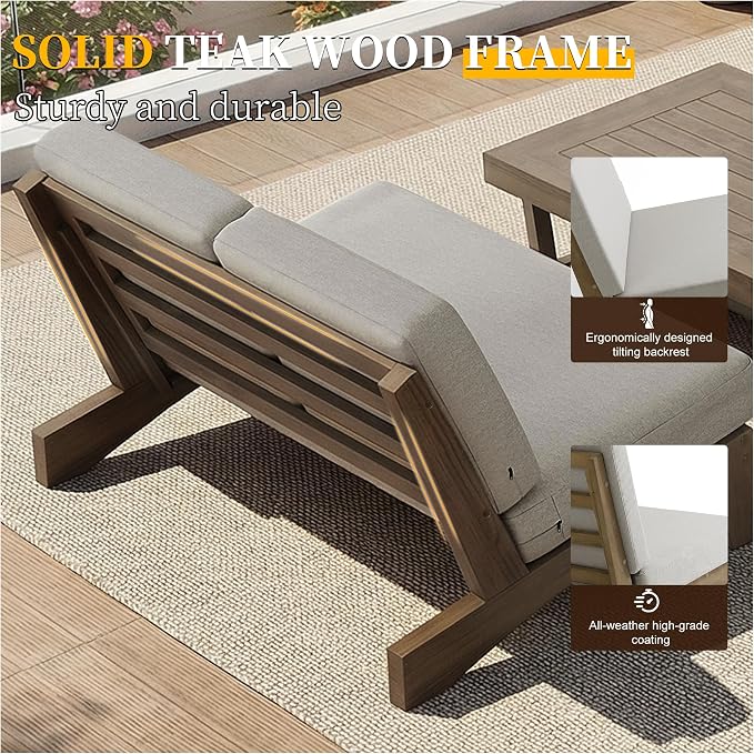 Outdoor Furniture Patio Couch, Weather Resistant Patio Loveseat Sofa Couch with Removable Cushion & Pillows, Teak Wood Frame for Porch & Backyard Seating - Light Camel