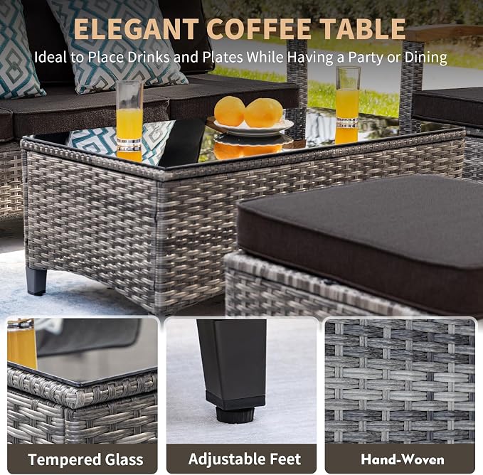 MEISSALIVVE 10 Pieces Patio Furniture Sets,Wicker Patio Conversation Sets with 4 Wood Armrests Swivel Glide Chairs, 2 Ottoman, 3-seat Sofa and Coffee Table (Black)