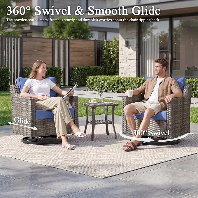 Luxury Patio Furniture sofa Set - 3 Pieces All Weather Wicker Outdoor Couch and High Back Swivel Rocker Patio Chairs with Glass coffee table for Deck Yard and Poolside Gray Wicker | Blue Cushions