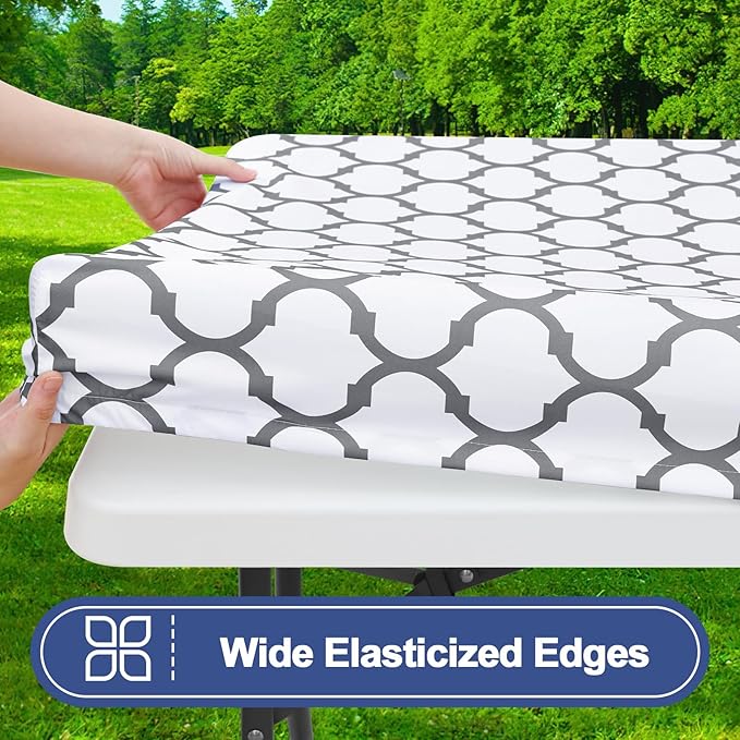 Smiry Picnic Table Cover with Bench Covers, Waterproof Elastic Fitted Tablecloth for 6 Foot Tables, Washable Polyester Tablecloths for Camping, Indoor & Outdoor (White, 30x72 Inch 3-pc Set)
