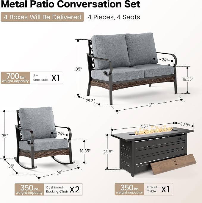 SUNSHINE VALLEY 4 Piece Metal Outdoor Patio Furniture Sets with Firepit Table, Patio Conversation Sets 1 2-Seater Sofa, 2 Rocking Sofa with 5.75" Cushion Black Backyard Furniture for Deck, Gray