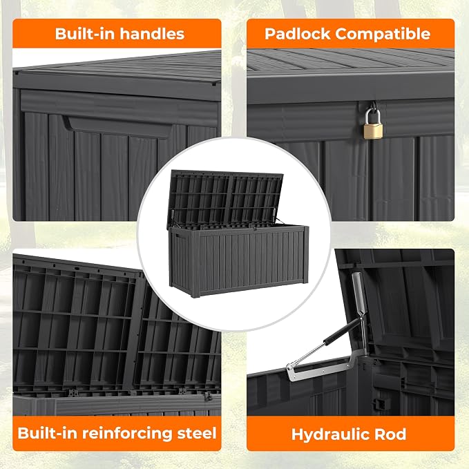 Deck Box Large Outdoor Storage for Patio Furniture,Outdoor Cushions,Garden Tools and Pool Supplies,Waterproof,Resin,Lockable (Black, 190 Gallon)