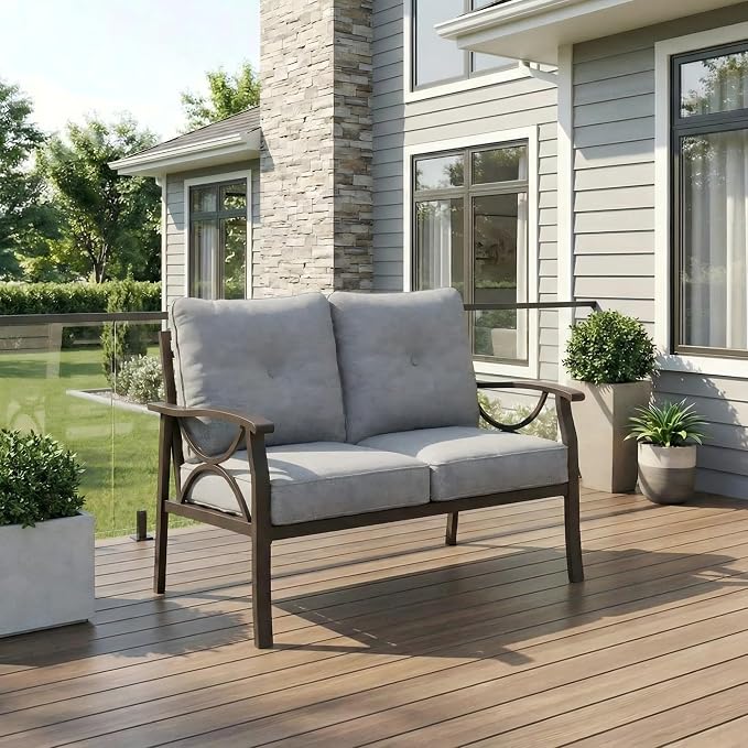 RoyalCraft Patio Loveseat, All-Weather Outdoor 2 Seats Sofa Couch,Khaki Metal Furniture with Gray Cushions