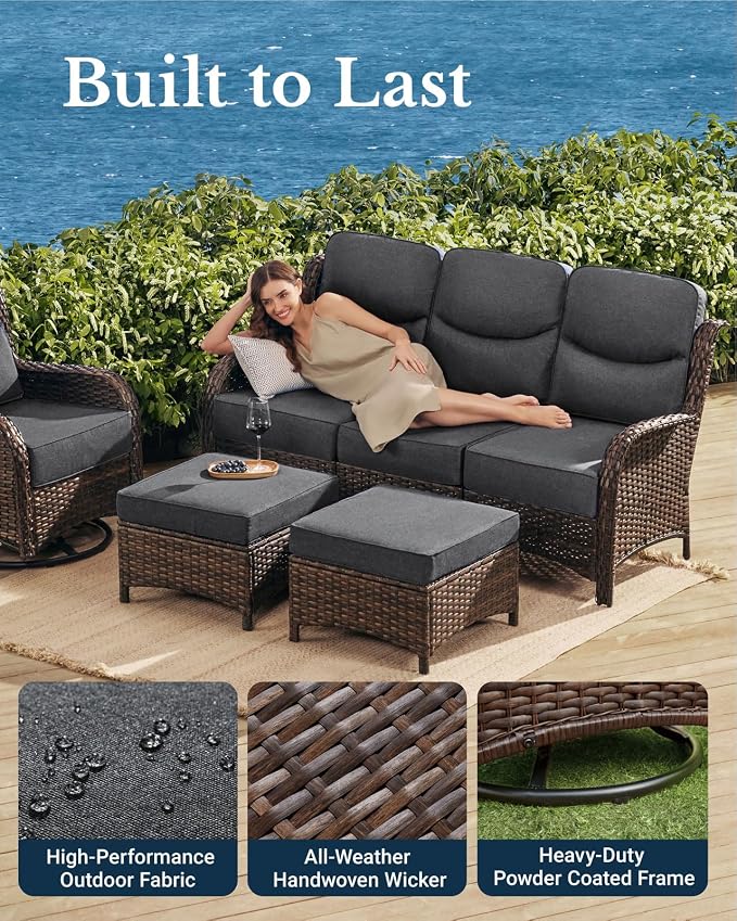HILLGA Luxury High Back Patio Furniture Set with 6-Inch Thick Cushion, 8-Piece Outdoor Conversation Set with Sofa, Swivel Rocker Chairs & Ottomans, Ideal for Porch Pool Deck Yard (Dark Grey)