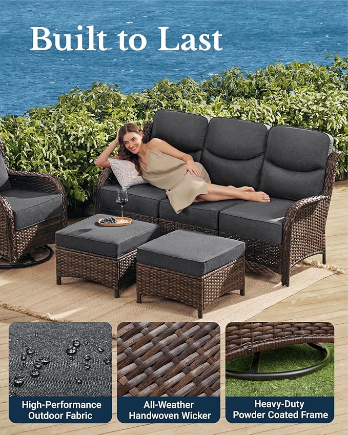 HILLGA Luxury High Back Patio Furniture Set with 6-Inch Thick Cushion, 5-Piece Outdoor Conversation Set with Sofa, Swivel Rocker Chairs & Ottomans, Ideal for Porch Pool Deck Yard (Dark Grey)