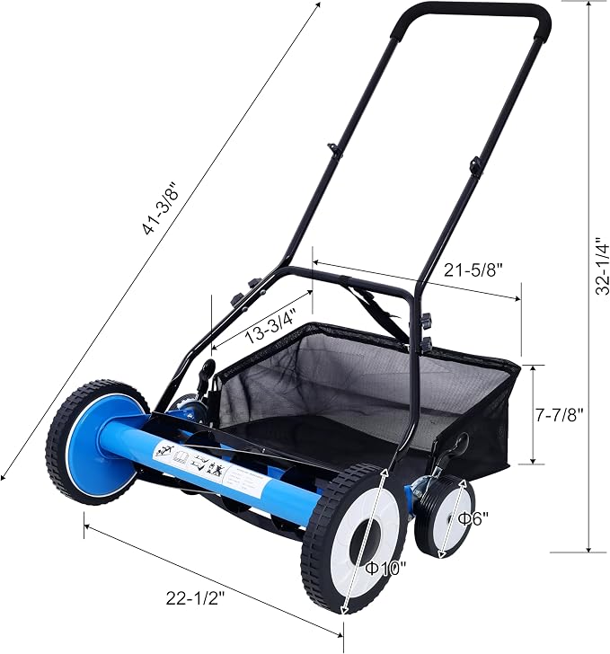 16-Inch 5-Blade Push Reel Lawn Mower with Grass Catcher, 4 Wheels (Blue)