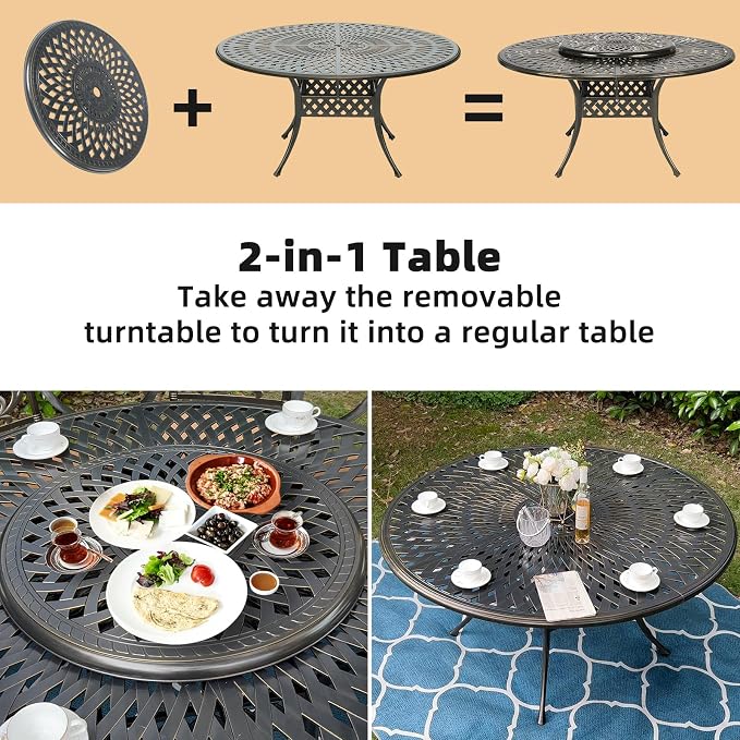 9-Piece Patio Furniture Dining Set, Cast Aluminum Outdoor Conversation Set- 61" Round Patio Dining Table with Detachable Lazy Susan & 8 Cushioned Swivel Rocker, Umbrella Hole, Ocean Blue
