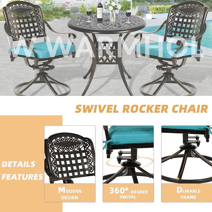 3-Piece Outdoor Patio Dining Set, All-Weather Cast Aluminum Patio Furniture Set for Backyard Garden Deck with 2 Swivel Cushioned Chairs and 31” Round Table, 2" Umbrella Hole, Ocean Blue