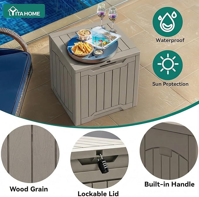 YITAHOME 31 Gallon Resin Deck Box Outdoor Storage Box and Waterproof Package Delivery Box with Lockable Lid forPatio Furniture, Garden Tools, Pool Supplies, Taupe