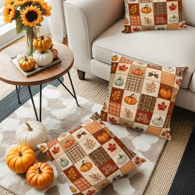 Thanksgiving Checked Throw Pillow Covers 18x18 Inch Set of 2, Fall Waterproof Outdoor Pillow Covers, Pumpkins Maple Orange Checker Decorative Cushion Pillowcases for Couch, Sofa, Bed, Garden, Patio