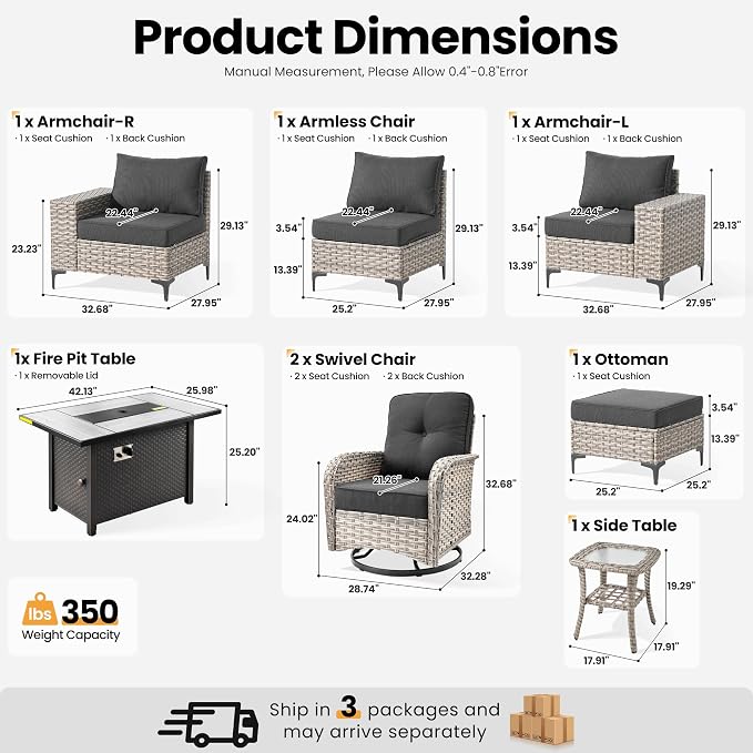 ovios 8-Piece Patio Furniture Set with L-Shape Sofa Chaise, Outdoor Sectional Couch Swivel Gliders Fire Pit Table, Modern Modular Wicker Rattan Conversation Set, Black
