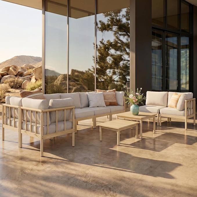 HERA'S HOUSE Patio Furniture,Acacia Wood Outdoor Sectional Sofa with 5.5" Ultra-Thick Cushions,L/U Shaped Modular Patio Conversation Set,Lawn Garden Backyard Couch Set with Nesting Tables,Beige