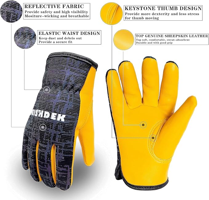 Kids Work Gloves, Sheepskin Leather Palm(Black, XS, 1-2 Years Old) | Toddler 1-2Y, Reflective, Breathable Fabric Back, Flexible, Hand Protection, Kids Gardening Gloves for Yard Work, Outdoor